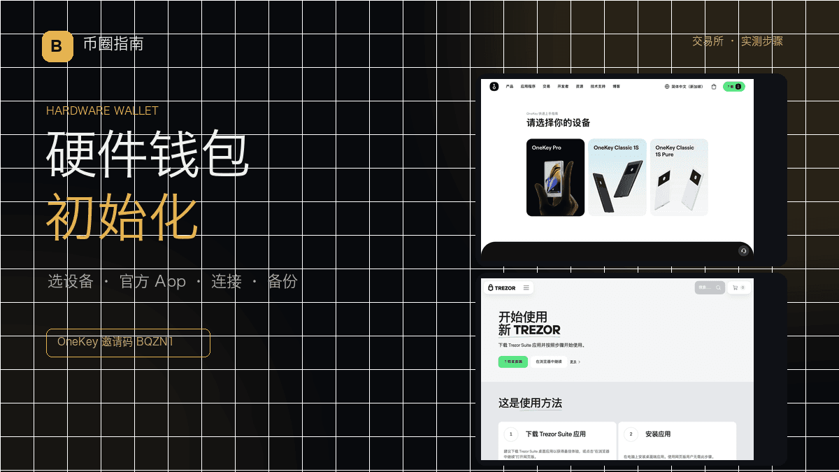 硬件钱包初始化步骤图：OneKey / Trezor 开箱、连接与备份