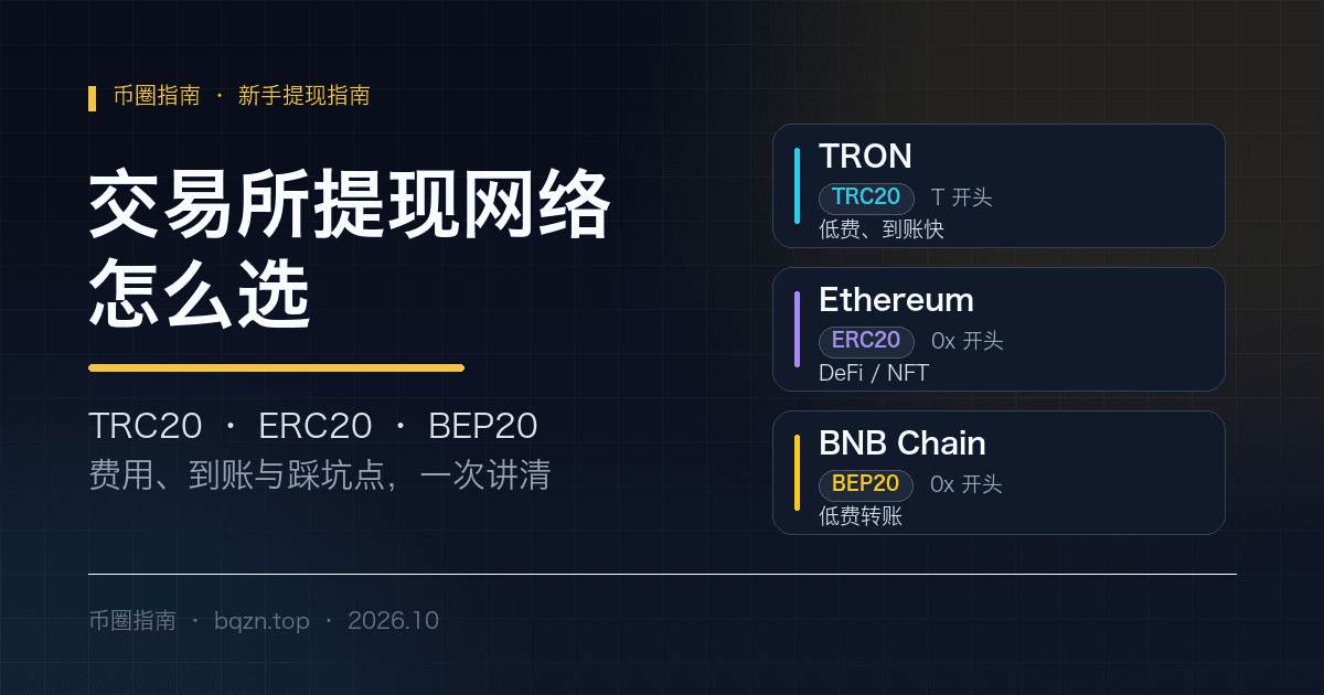 交易所提现网络怎么选:TRC20、ERC20 与 BEP20 的费用和到账差异