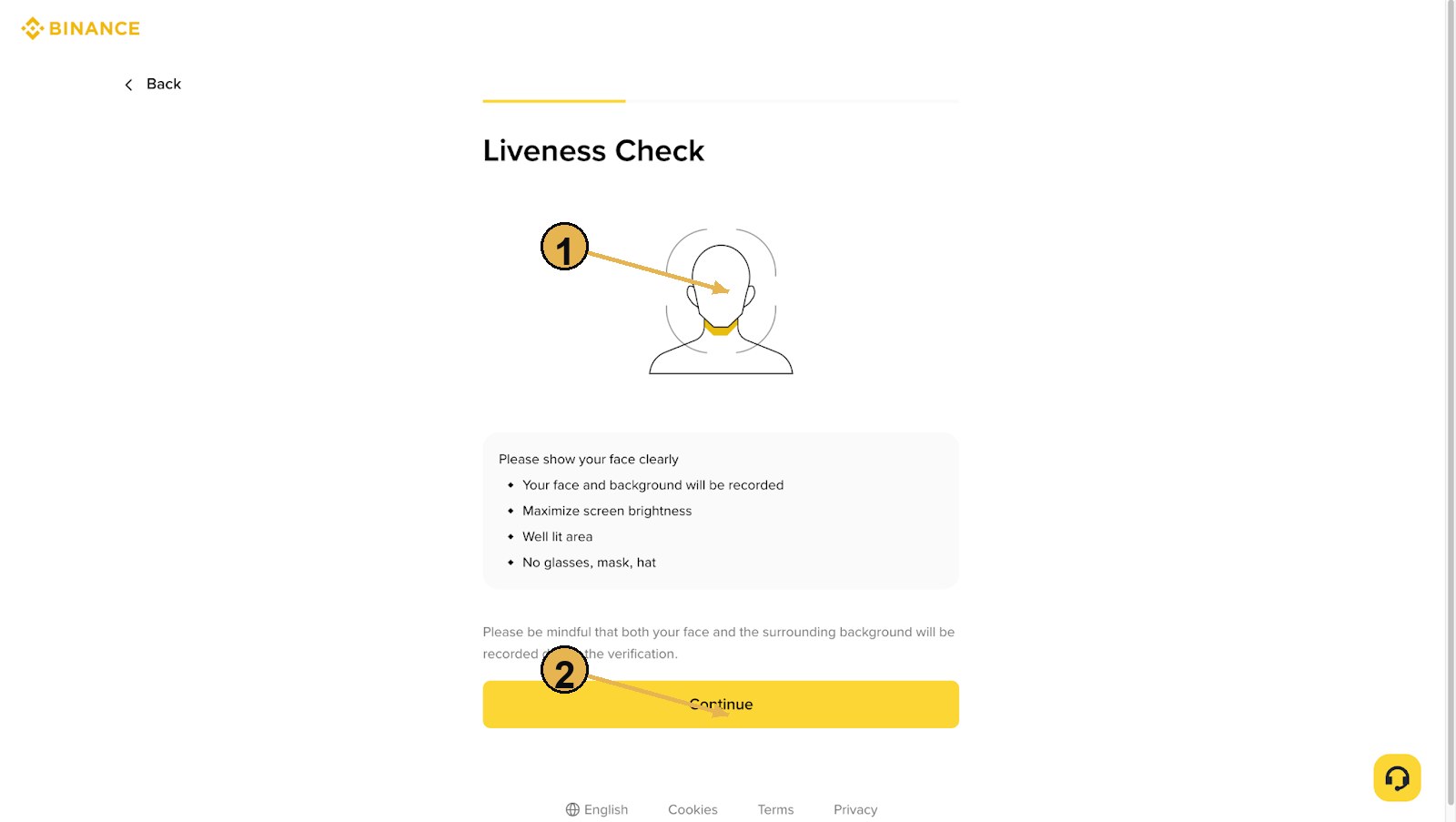 币安 KYC：活体检测说明与继续按钮