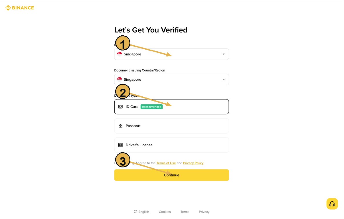 币安 KYC：居住地、证件类型和继续按钮