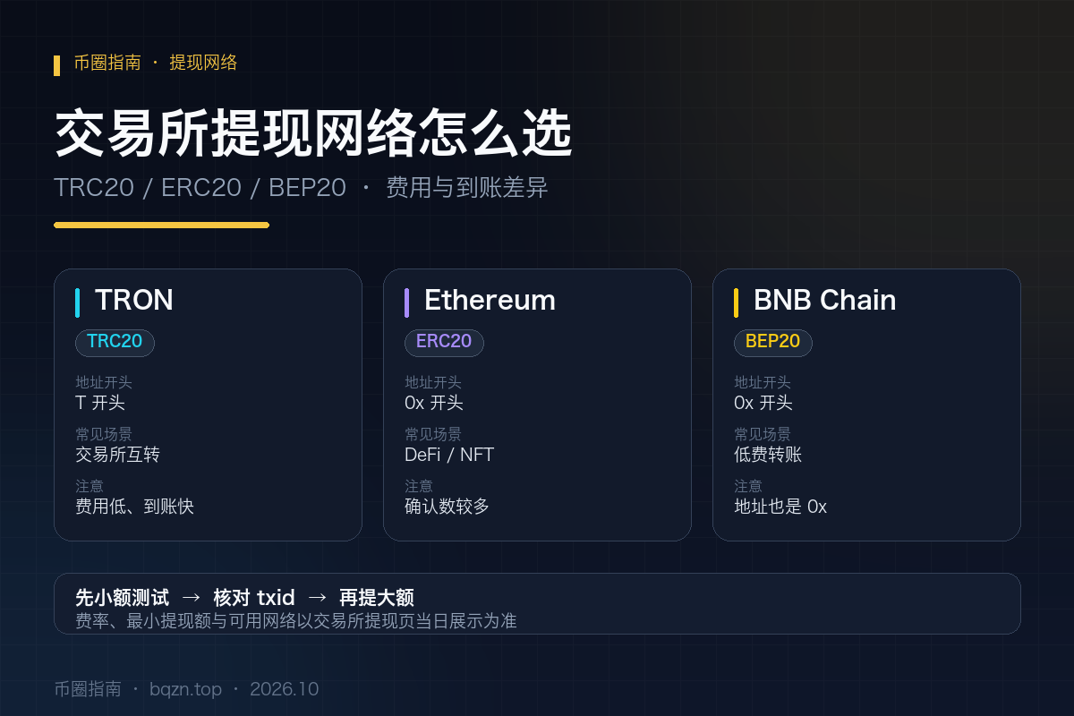 TRC20、ERC20 与 BEP20 三种提现网络的地址前缀与常见场景