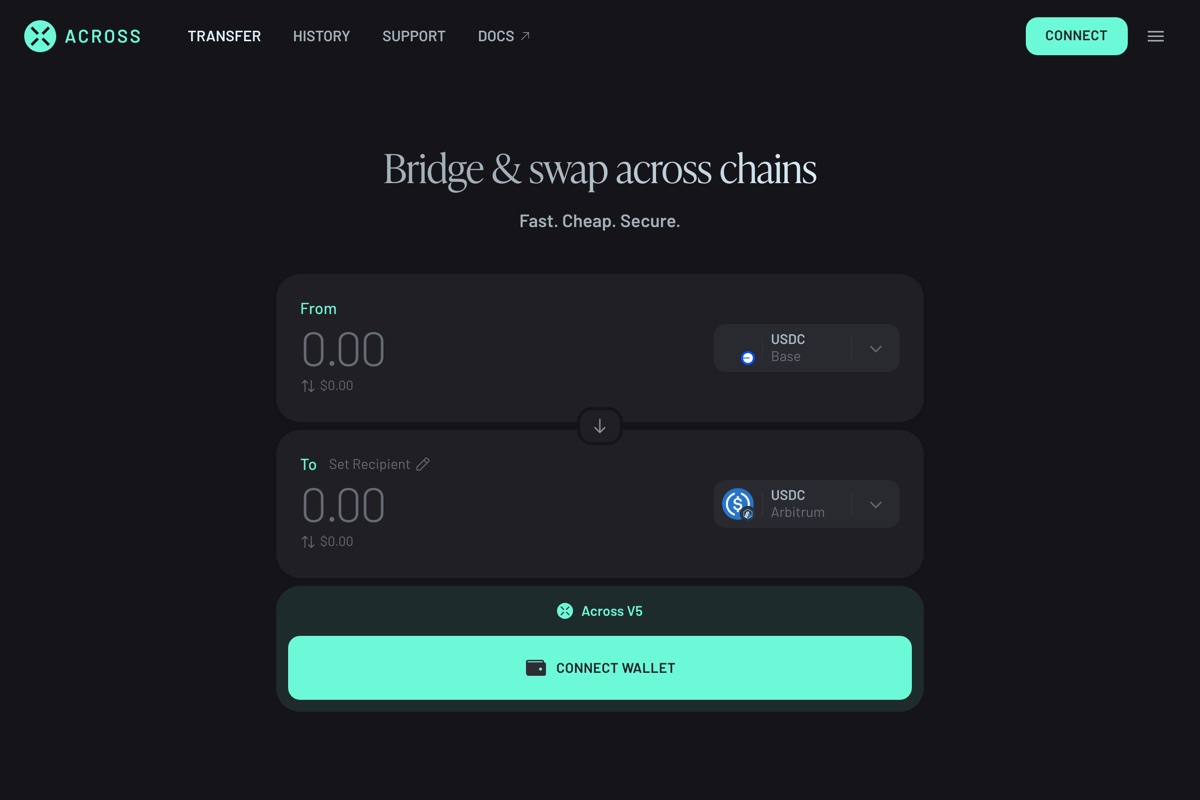 Across 产品界面:Bridge & swap